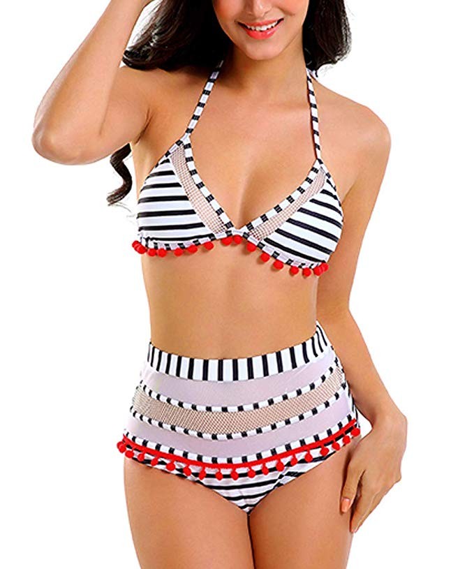 AdoreShe Women's Mesh High Waisted Bikini Set Halter Straps Swimsuits Tassel Trim Bathing Suits S... | Amazon (US)