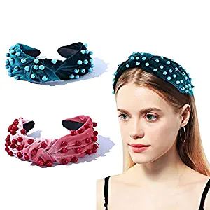 Beaded Knotted Headbands for Women Pearl Velvet Hair Twist Top Knot 2PCS Wide Band Fashion Cute S... | Amazon (US)