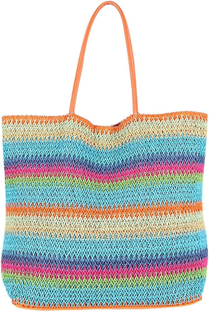 Rainbow Woven Beach Bag Straw Hand Woven Tote Bags Colorful Knit Stripe Handbag | Amazon (US)