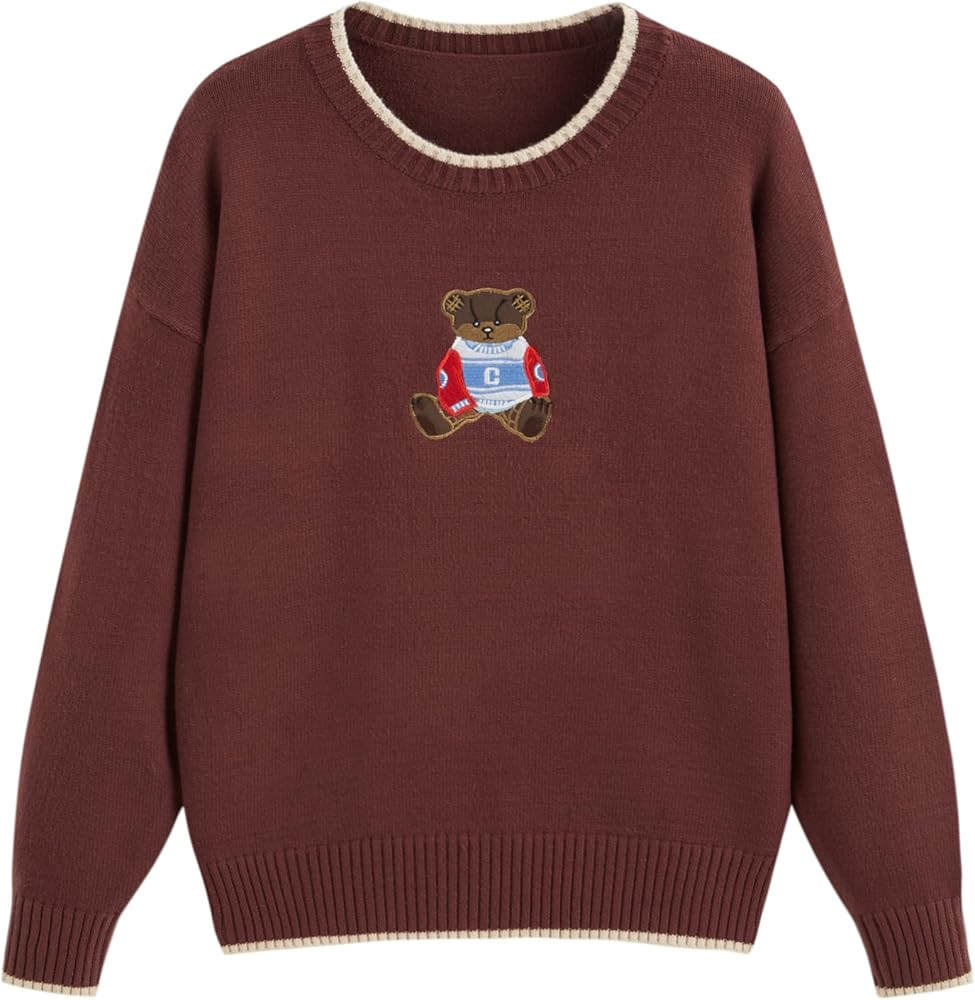 CIDER Women's Fall Sweaters Long Sleeve Cute Sweaters Bear Graphic Crewneck Soft Knit Casual Crop... | Amazon (US)