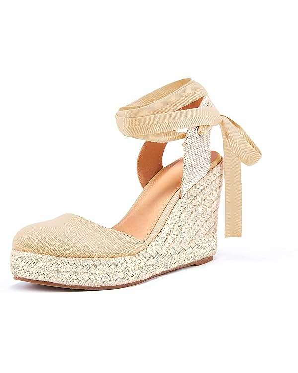 Women's Espadrille Wedge Sandals Closed Toe Lace Up Platform Ankle Wrap Summer Casual Shoes | Amazon (US)