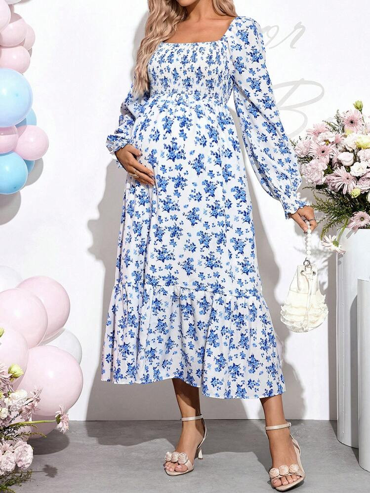 Loomaby Gender Reveal Dress Pregnant Women's Random Printed Simple Daily Long Sleeve Square Neck Maternity Dress,Perfect For Vacation Baby Shower Party | SHEIN