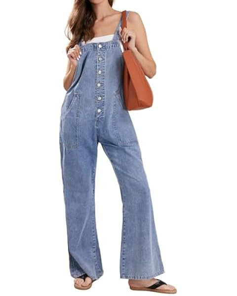 Tongmingyun Women's Loose Denim Overalls Jumpsuits Ruffle Sleeve Button Down Straight Leg Jeans L... | Amazon (US)