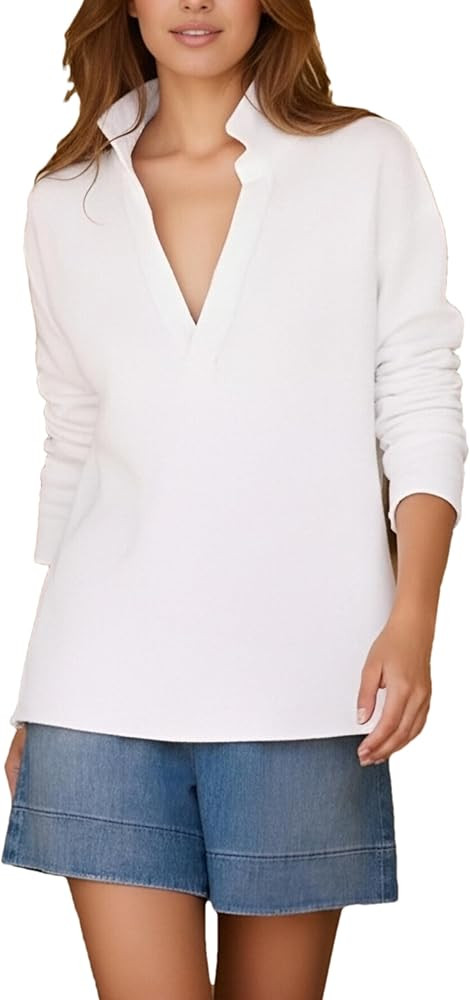 Zontroldy Women's Casual V Neck Pullover Sweatshirt Long Sleeve Solid Color/Stripe Polo Collared ... | Amazon (US)