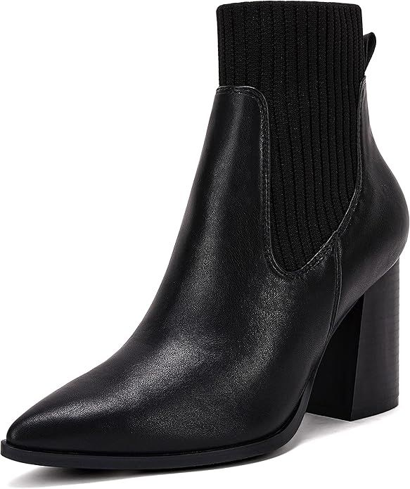 Amazon.com | Coutgo Womens Pointed Toe Ankle Boots Elastic Chunky Block Stacked Mid Heel Comforta... | Amazon (US)