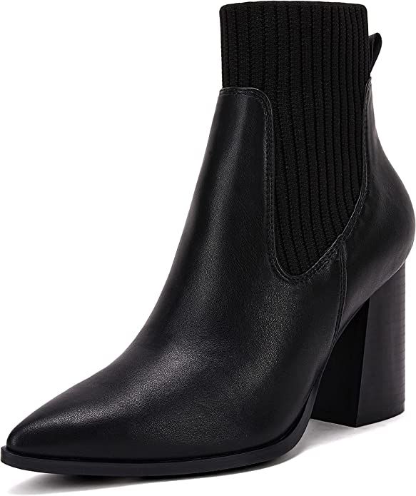 Womens Pointed Toe Ankle Booties Elastic Chunky Block High Heel Comfortable Chelsea Boots Shoes | Amazon (US)