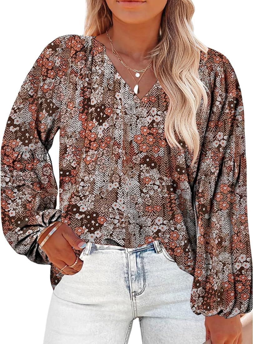 IN'VOLAND Womens Plus Size Boho Floral Print Tops Casual V Neck Long Sleeve Chiffon Blouses 2024 ... | Amazon (US)