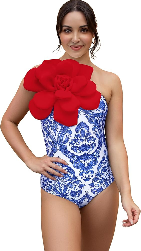 SPORLIKE Women One Piece Swimsuit 3D Flower One Shoulder Bathing Suit Padded Monokini | Amazon (US)