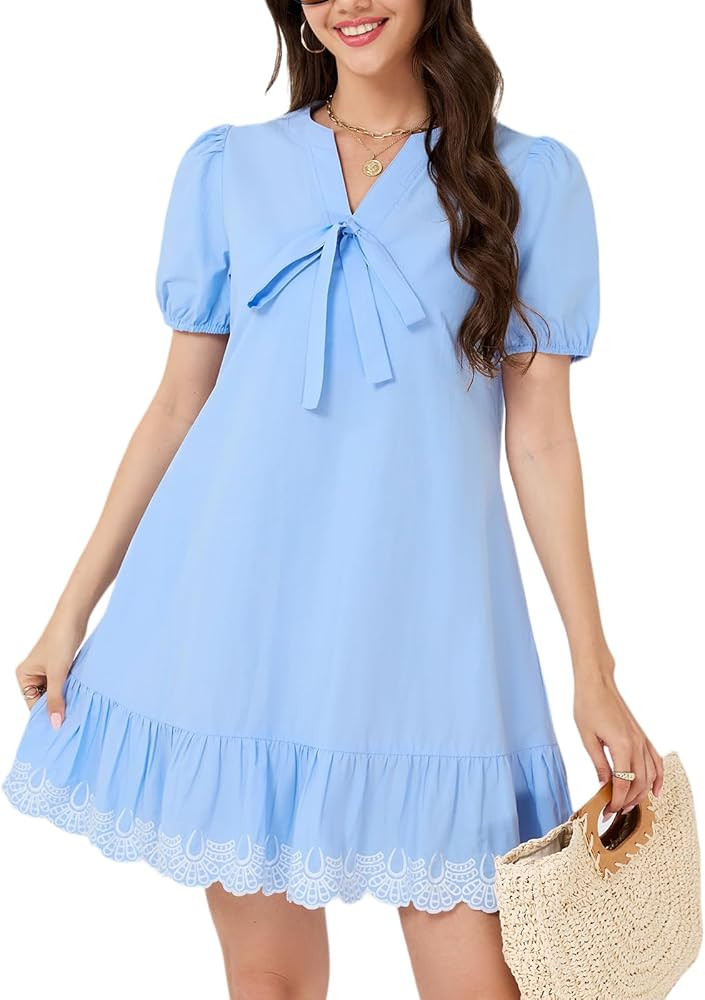 D-Sun Women Puff Short Sleeve Mini Dress Bow Tie V Neck Ruffle Embroidered Summer Dress A Line Ba... | Amazon (US)