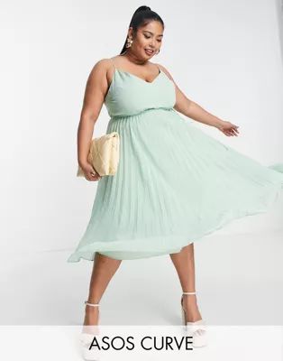 ASOS DESIGN Curve pleated cami midi dress with drawstring waist in soft green | ASOS (Global)