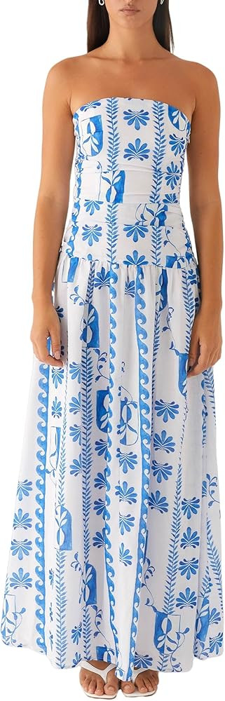 NUFIWI Women Ruched Tube Long Dress Sleeveless Bodice Top Maxi Dress Elegant Strapless A Line Sum... | Amazon (US)