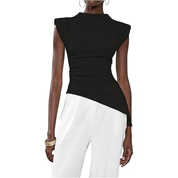 SweatyRocks Women's Asymmetrical Hem Ruched Top Shoulder Pad Fitted Sleeveless Mock Neck Shirts G... | Amazon (US)