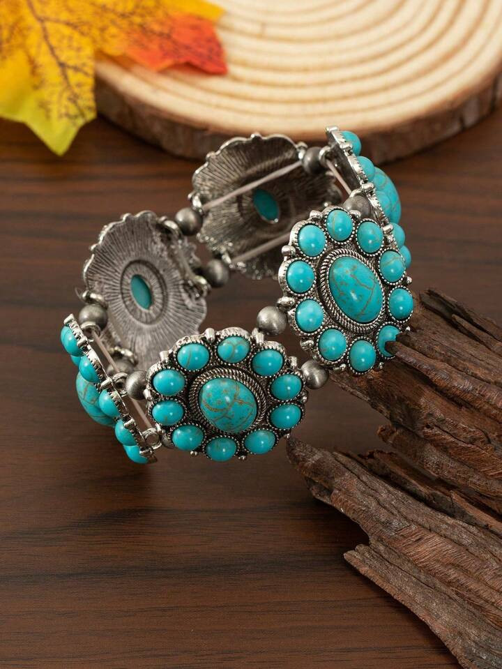 1pc Latest Bohemian Inspired, Vintage Style Elastic Turquoise Beaded Bracelet, Europe America Sty... | SHEIN