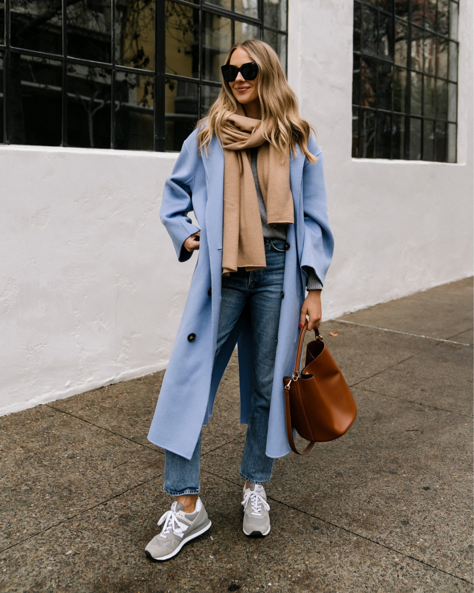 Fashion Jackson Wearing Loulou Studio Borneo Womens Blue Coat (small) Camel Scarf, AGOLDE Jeans, Celine Bucket 16 Bag, Winter Coat and Sneakers Outfits, New Balanace 574, Street Style, #jeans #fashionjackson

#LTKunder100 #LTKshoecrush #LTKSeasonal