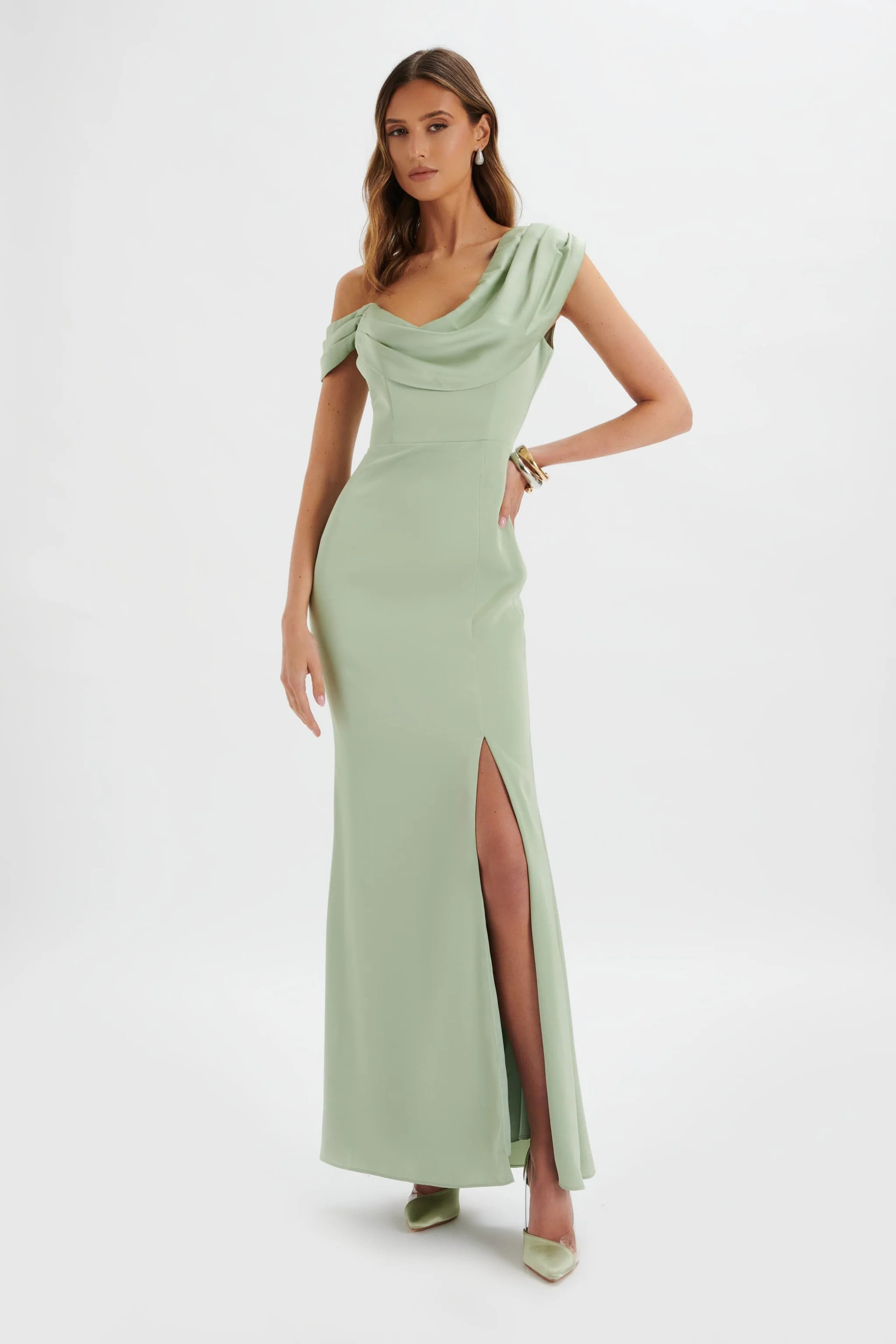 ANNABELLA Satin Asymmetric Drape Maxi Dress In Sage Green | Lavish Alice Retail Ltd