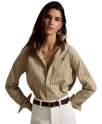 Polo Ralph Lauren Women's Relaxed-Fit Striped Cotton Shirt - Brown/White | Macy's