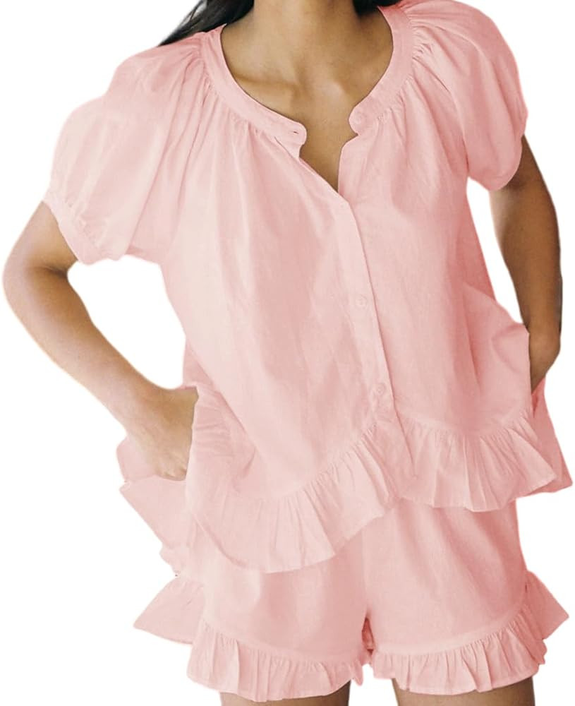 OSXXLAMZ Pajama Sets for Women Two-Piece sleepwear 100% cotton 2024 Spring And Summer Button Up S... | Amazon (US)