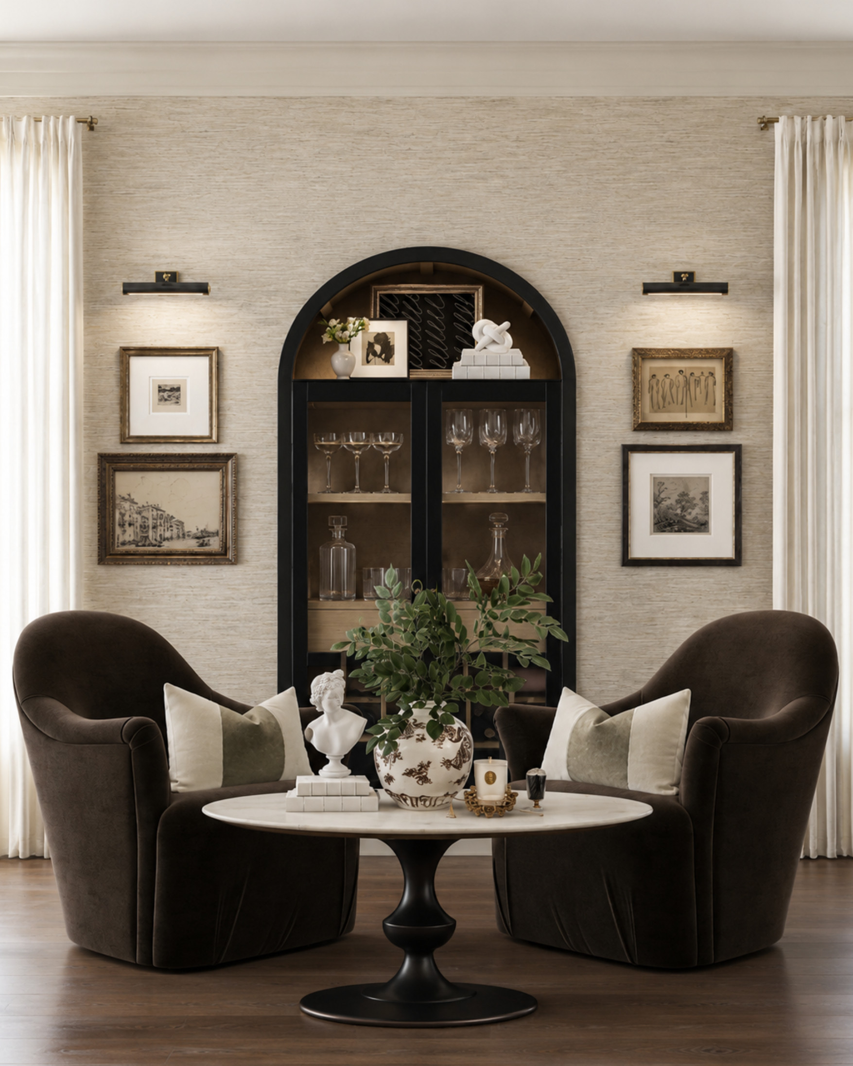 If you have an awkward blank wall, think beyond another console table. A cabinet, pair of chairs, small accent table, art, and picture lights can turn that empty spot into a finished sitting area that actually feels intentional.

This works because it creates height, symmetry, storage, and a clear focal point all at once.

Bar cabinet styling, sitting room ideas, classic accent chairs, gallery wall, picture lights, neutral curtains, small space seating, and collected home decor.

Disclosure: I may receive a small commission from purchases made through my links, at no additional cost to you. 

 #LTKHome
