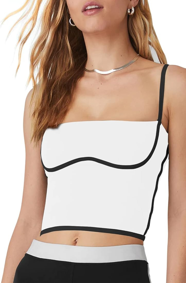 Cyanstyle Spaghetti Strap Sports Bras for Womens Square Neck Padded Workout Fitness Crop Tank Top | Amazon (US)