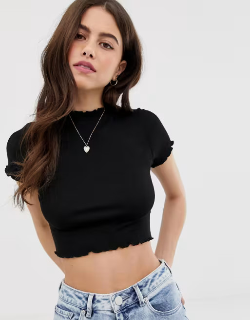 ASOS DESIGN slim crop t-shirt with high neck with lettuce hem in black | ASOS US