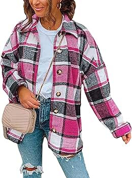 Yeokou Women's Fall Color Block Plaid Flannel Shacket Jacket Button Down Shirt Coat Tops | Amazon (US)