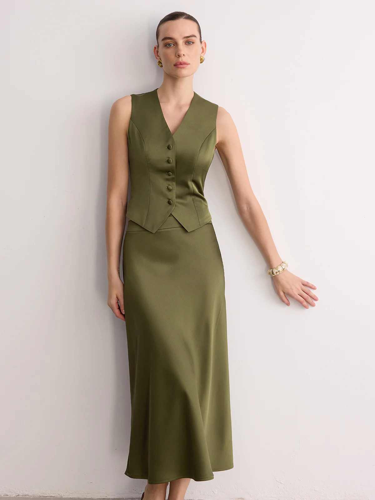 Sleeveless Satin Vest & Maxi Skirt Set | Commense