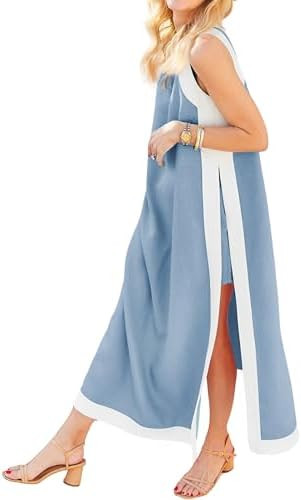 Hooever Women's 2 Piece Sets Boho Color Block Sleeveless Maxi Dress Matching Shorts with Pockets | Amazon (US)