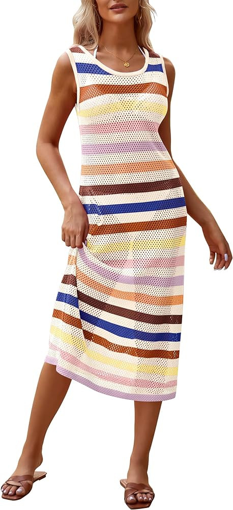 Caracilia Women Swimsuit Cover Up Summer Sleeveless Striped Crochet Knit Swim Bathing Suit Swimwe... | Amazon (US)
