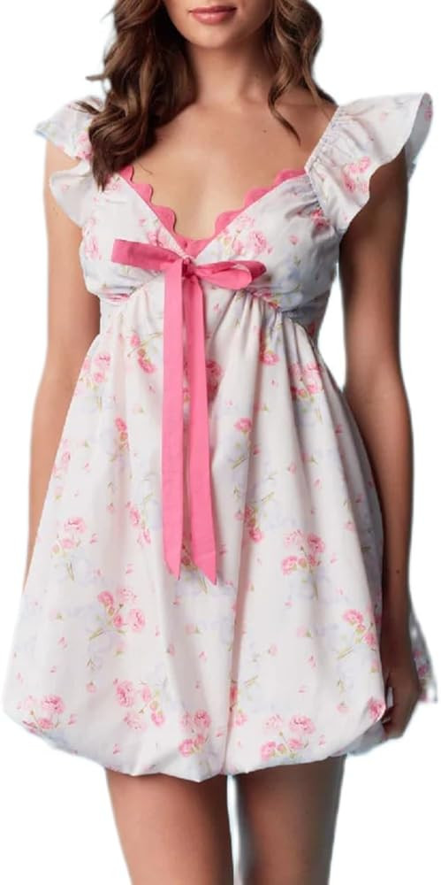 Women V Neck Babydoll Mini Dress Ruffle Boho Floral Flowy Sundress Bow Loose Summer Holiday Going... | Amazon (US)