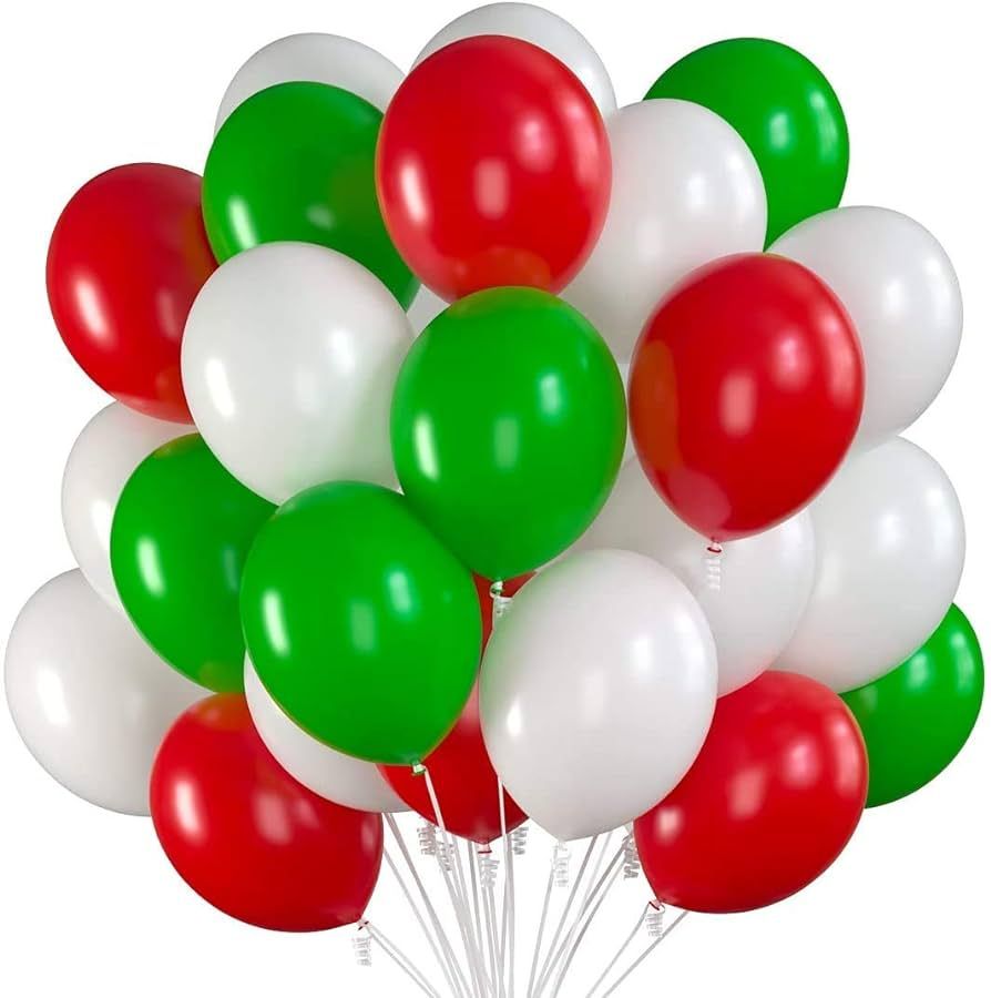 Prextex 75 Party Balloons 12 Inch Red, Green and White Balloons with Ribbon for Decorations or Xm... | Amazon (US)