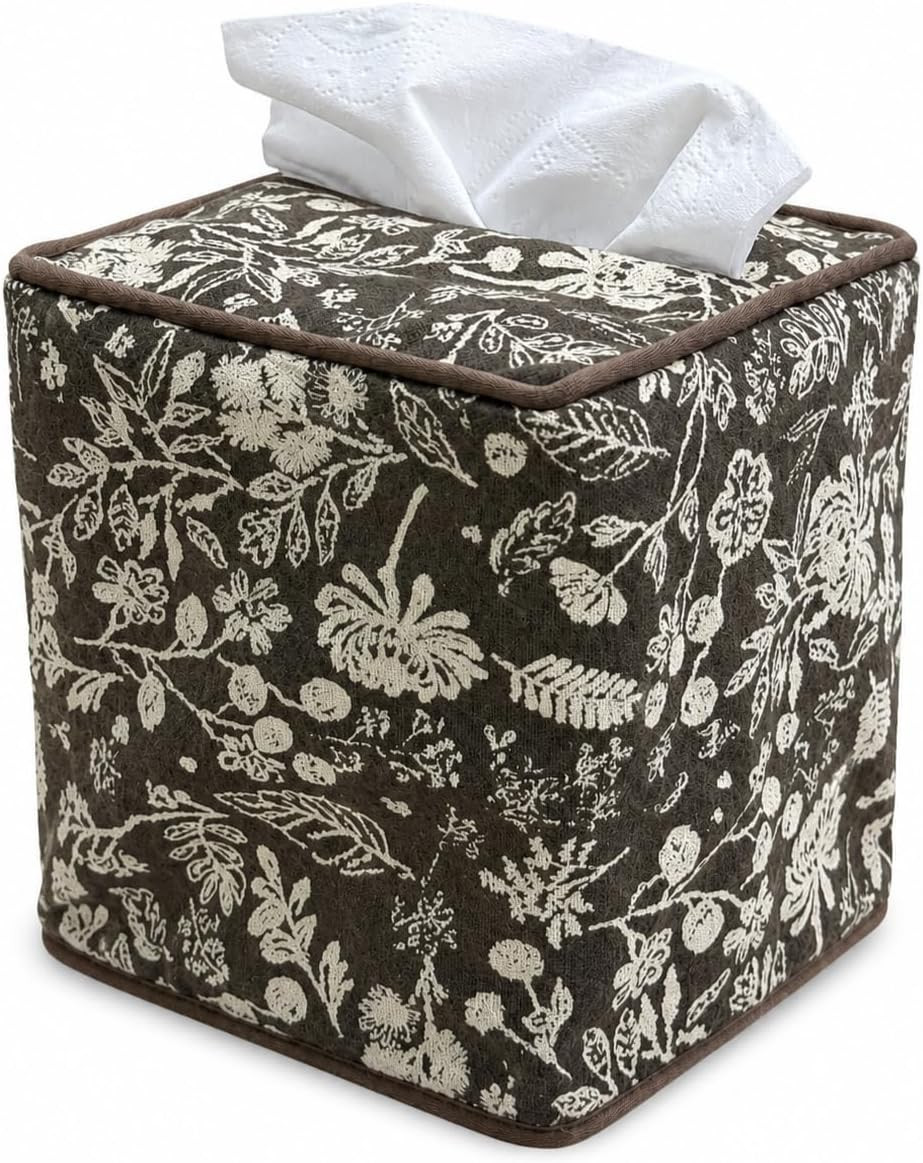 Floral Print Cotton Fabric Tissue Box Cover, Coffe | Amazon (US)