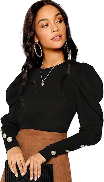 Milumia Women Puff Sleeve Button Round Neck Long Sleeve Tee Pullovers Tops | Amazon (US)