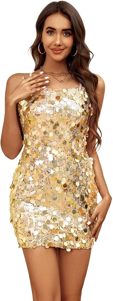 Sequin Dress for Women Spaghetti Strap Sexy Dresses Glitter Sparkly Mini Dress | Amazon (US)