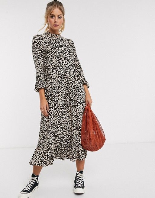 ASOS DESIGN button through tiered smock maxi dress in leopard print | ASOS (Global)