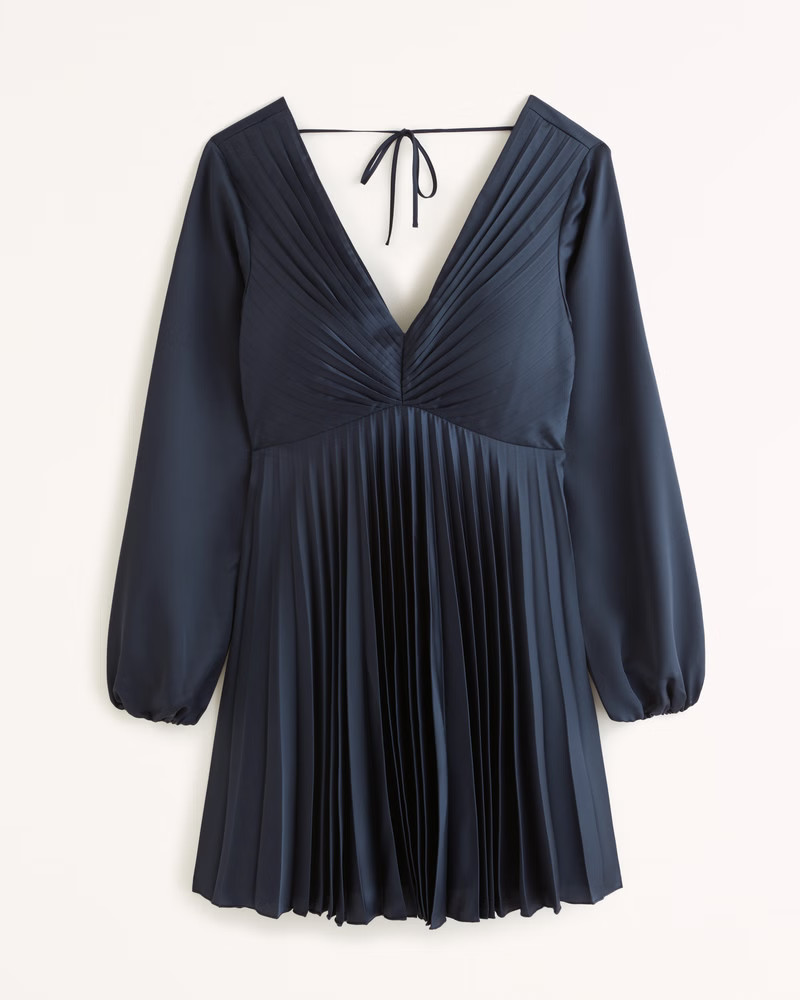 Long-Sleeve Satin Pleated Mini Dress | Abercrombie & Fitch (US)