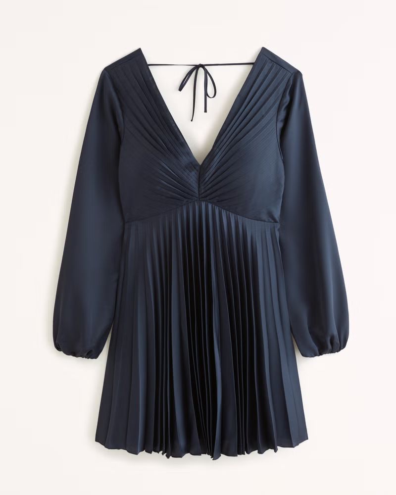 Long-Sleeve Satin Pleated Mini Dress | Abercrombie & Fitch (UK)