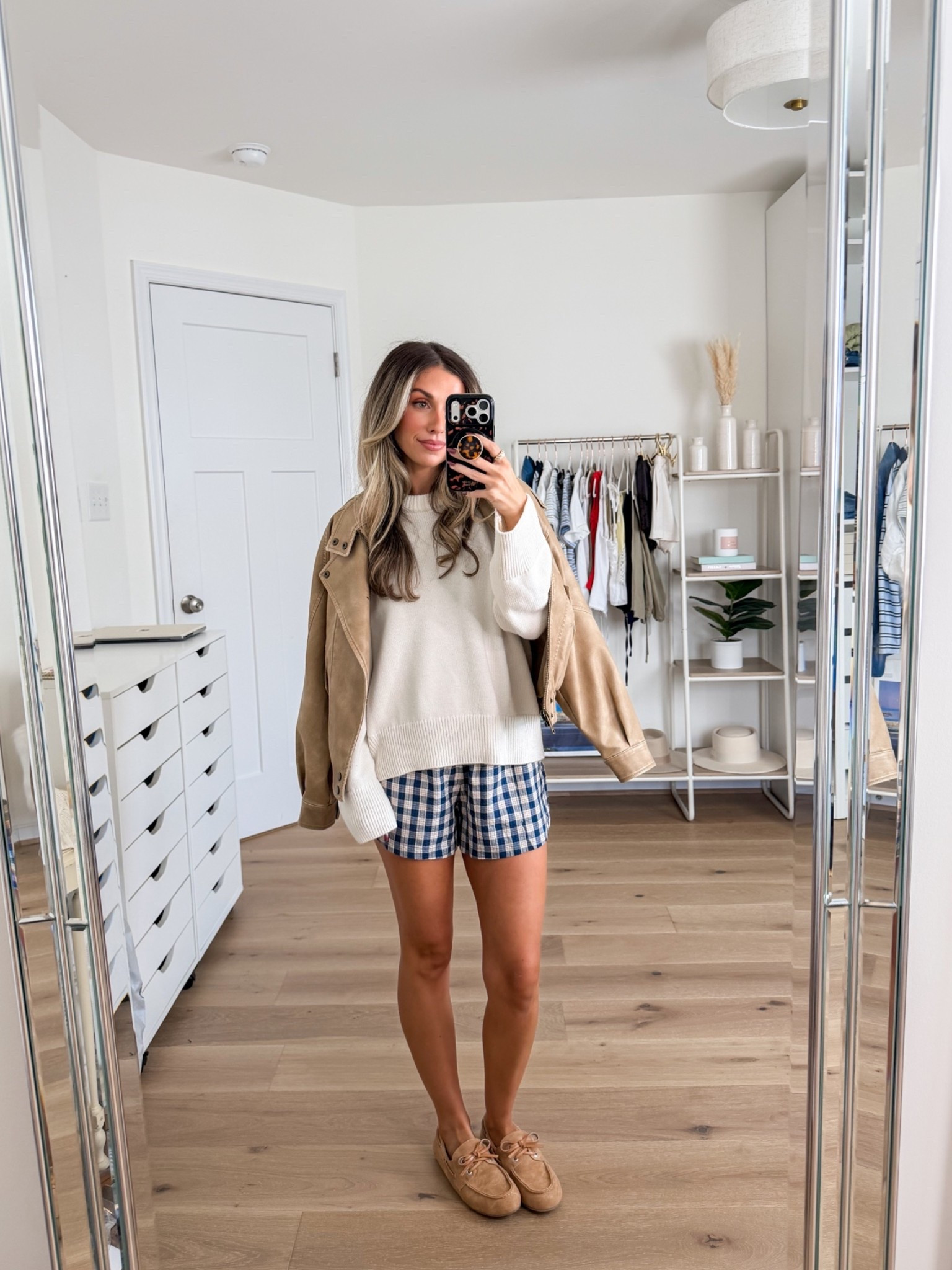easy early fall outfit inspo 
+ size xxs in my tan moto jacket 
+ size small in my favorite Madeline sweater 
+ size xs in the plaid shorts 
+ loafers are under $50 and true to size

#LTKootd #LTKgrwm #LTKPetite