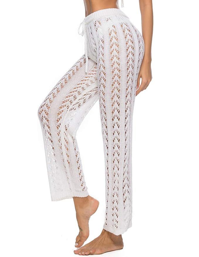 Womens Cover Up Pants Sexy Hollow Out Crochet High Waist Mesh Beach Bikini Swimsuits Pants | Amazon (US)