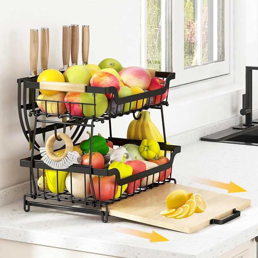 GILLAS 2 Tier Fruit Basket with Cutting Board, Fruit Bowls with Fruit Knife Organizer, Metal Larg... | Amazon (US)