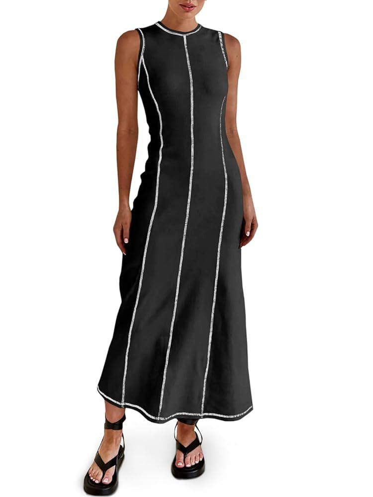 Wenrine Womens Sleeveless T Shirt Dress Summer Contrast Stitch Ribbed Knit Tank Maxi Dresses | Amazon (US)