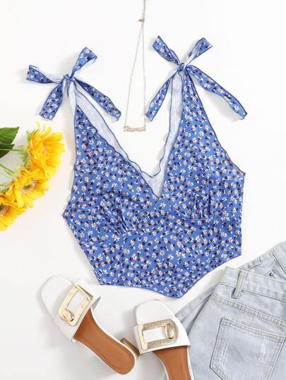 SHEIN Ditsy Floral Tie Shoulder Rib-knit Tank Top | SHEIN