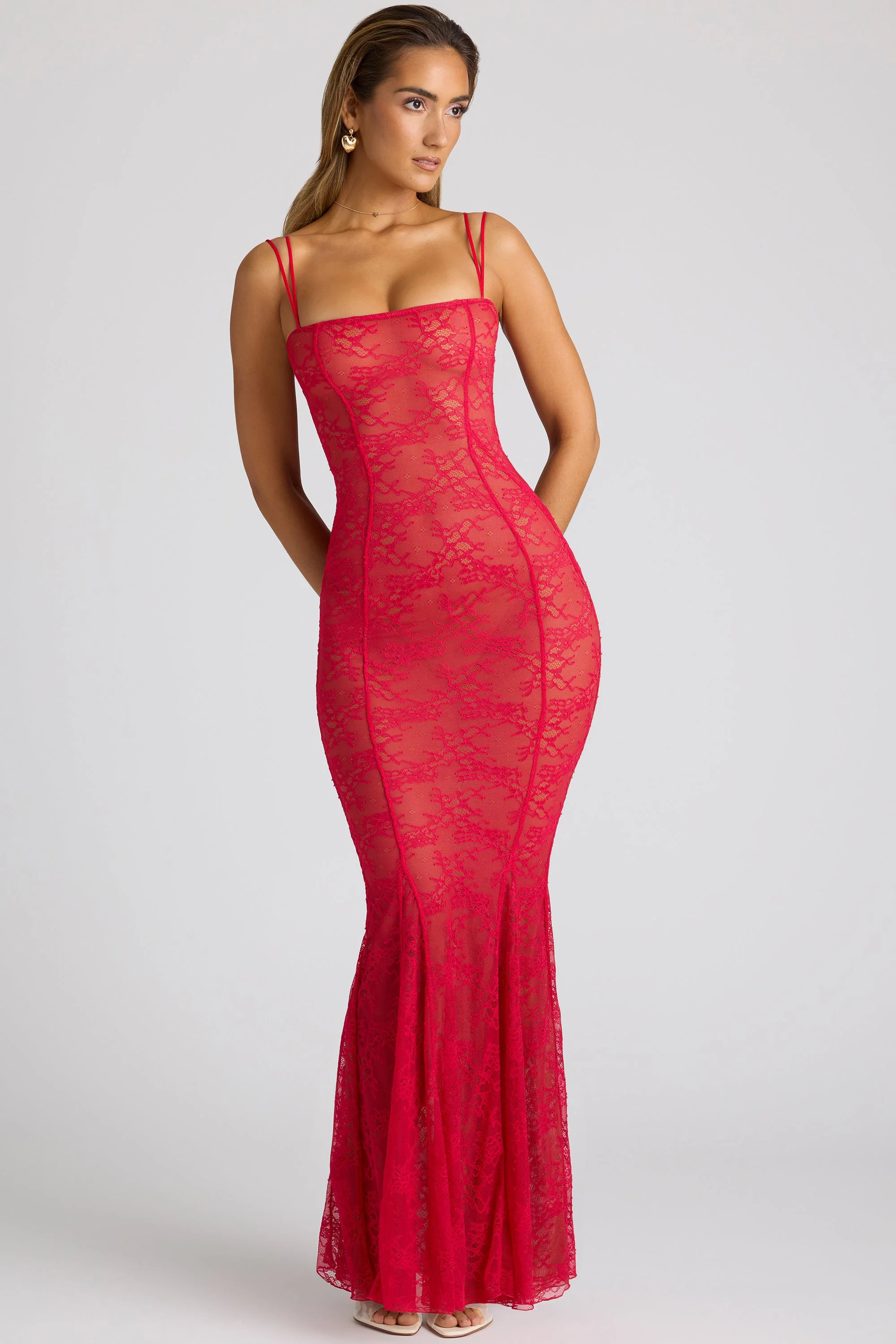Sheer Lace Fishtail Gown in Cherry Red | Oh Polly