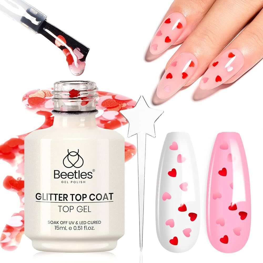 beetles Gel Polish 15ML Clear Pink Color Gel Top Coat With Pink & Red Heart Shape Glass Polish So... | Amazon (US)