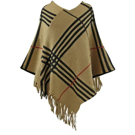 Beige Classic Plaid Print Knit Poncho With Fringe | Walmart (US)