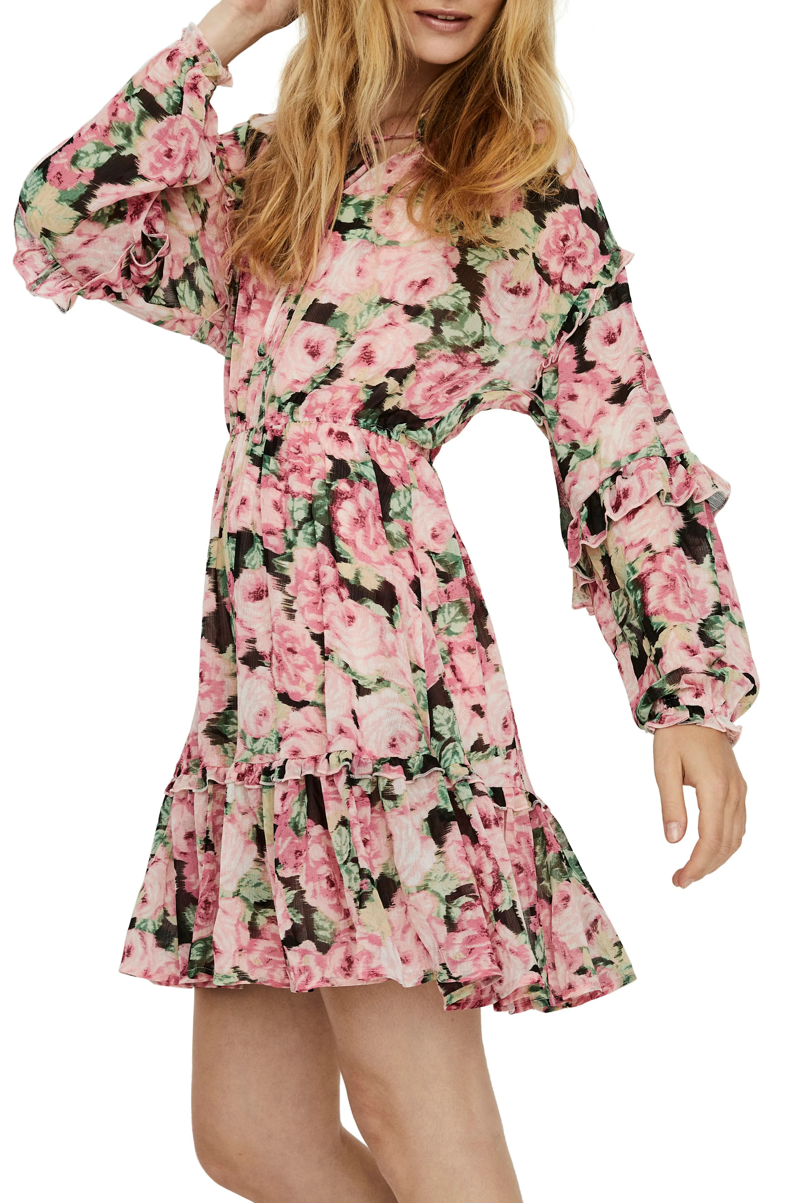 Women's Vero Moda Cleo Tie Neck Ruffle Long Sleeve Minidress, Size Small - Pink | Nordstrom