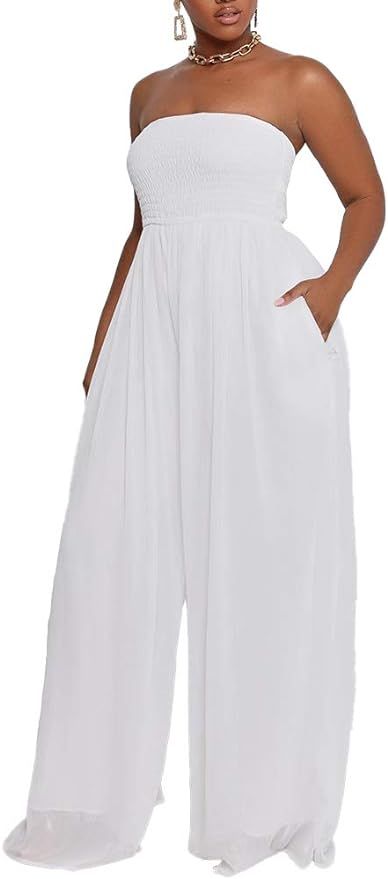 Ophestin Women's Strapless Tube Wide Leg Jumpsuits Smocked Casual Off Shoulder Loose Long Pants O... | Amazon (US)