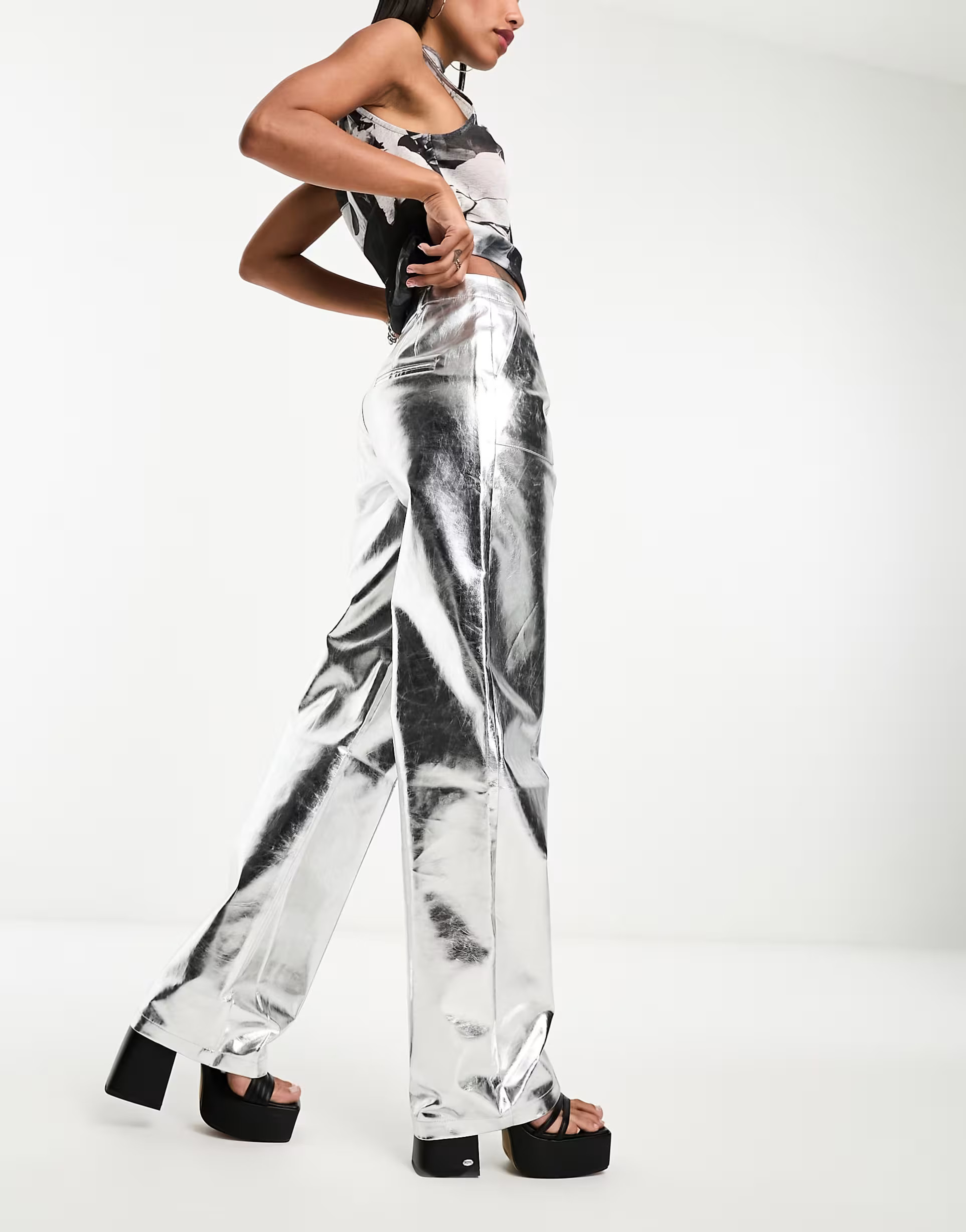 4th & Reckless metallic straight leg pants in silver | ASOS (Global)
