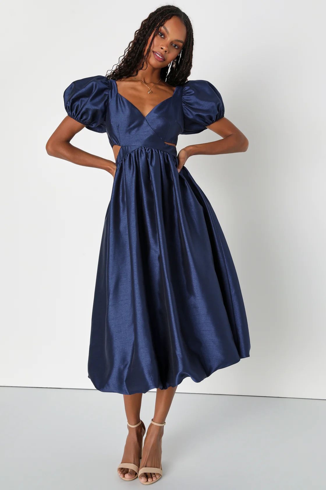 Exceptionally Charming Navy Blue Cutout Puff Sleeve Midi Dress | Lulus (US)