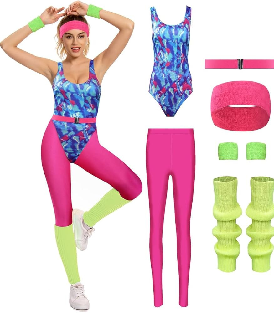 80s Workout Costume for Women 6 PCS Fitness Outfit Colorful Bodysuit Leggings Headband Accessorie... | Amazon (CA)