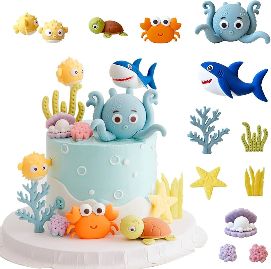 12PCS Ocean Underwater World Cake Decorations,Ocean Animals Cute Octopus, Shark & Crab Figurines ... | Amazon (US)